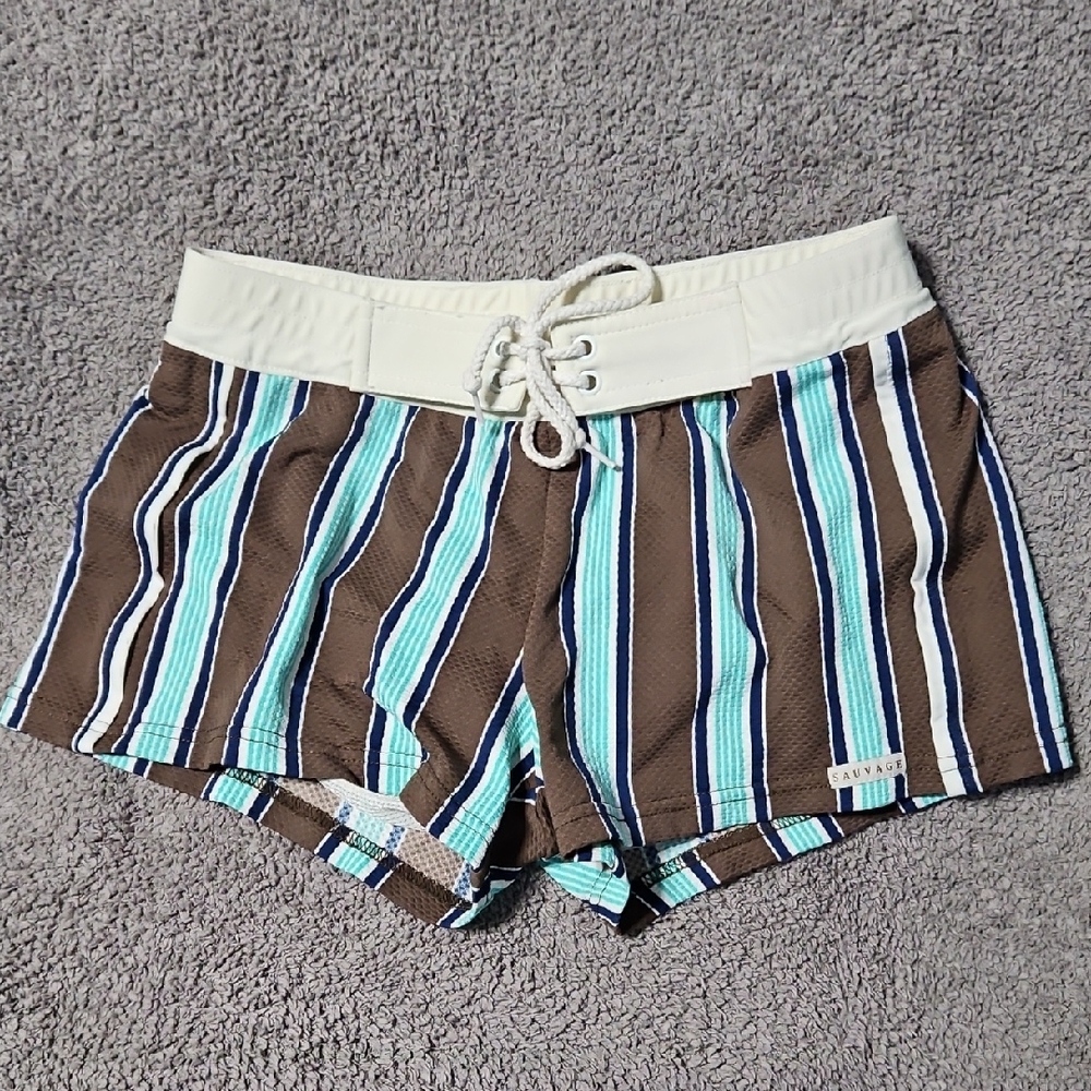 Sauvage Striped Brown and Blue Swim Shorts